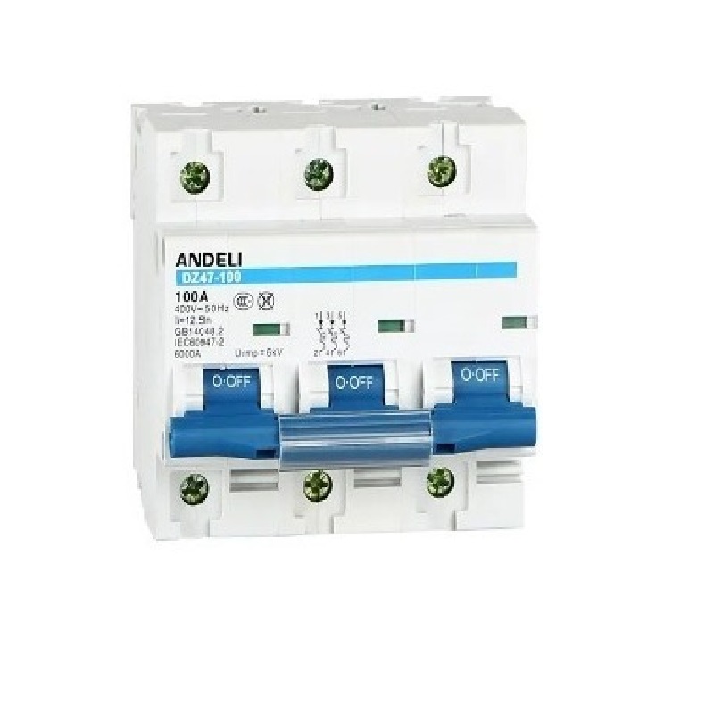 BREAKER TERMOMAGNETICO 3 X 100 AMP MOD. DZ47-100 3P REF. CON02291 MARCA ANDELI