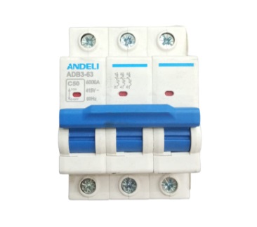 BREAKER TERMOMAGNETICO 3 X 50 AMP C. CURVE MOD. ADB3-63-3P-50A REF. CON02461 MARCA ANDELI
