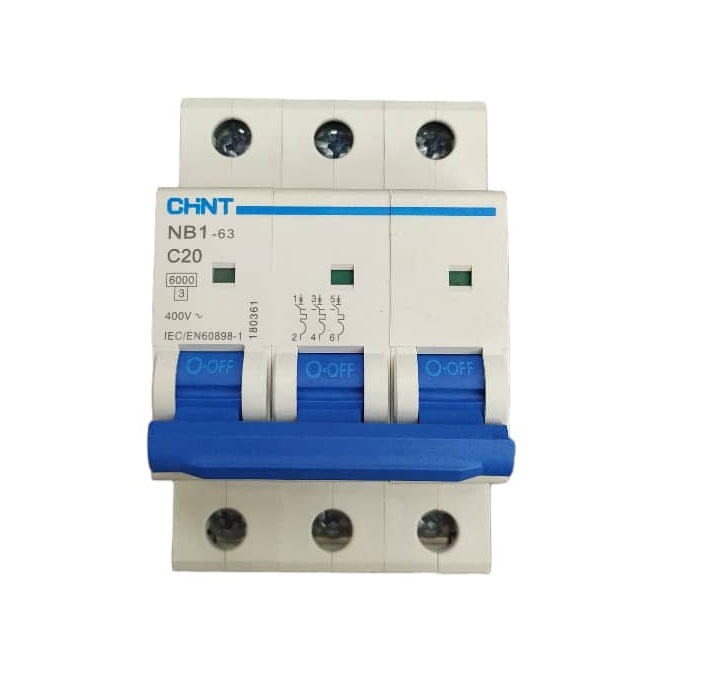 BREAKER TERMOMAGNETICO 3 X 20 AMP 230 / 400 V MOD. NB1-63-C20 REF. CHI030014 COD. 306182 MARCA CHINT