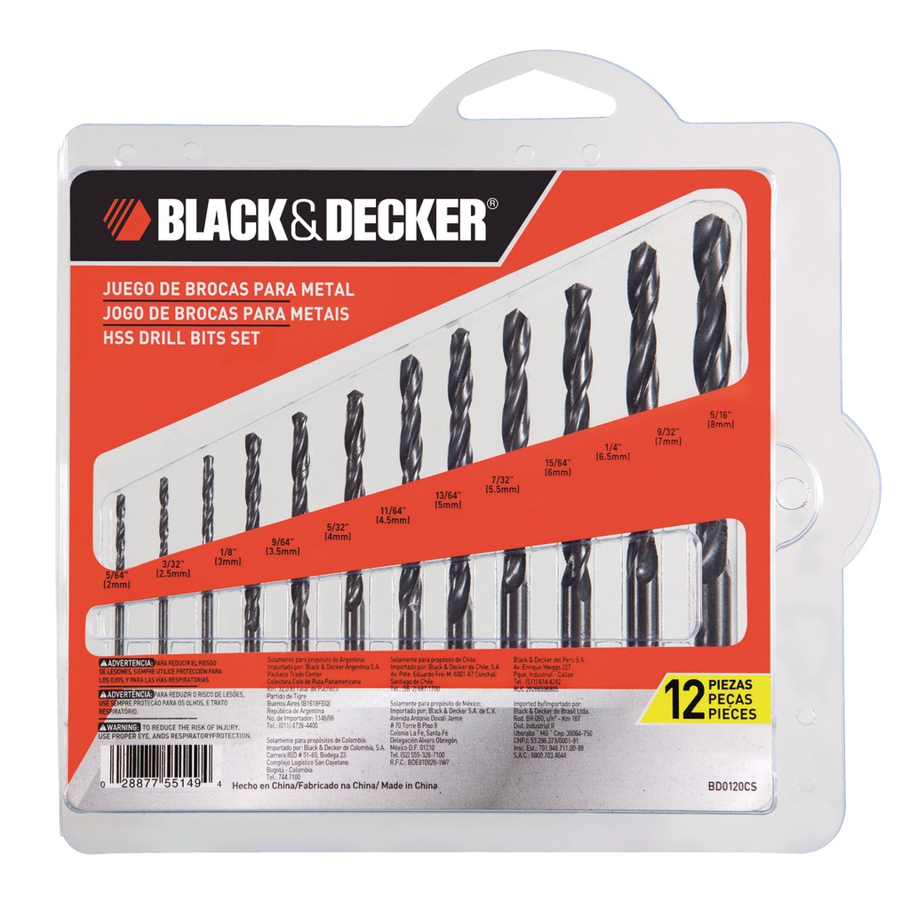 JUEGO DE BROCAS PARA METAL HSS DE 5/64" A 5/16" 12 PZAS REF. BD0120CS MARCA BLACK&DECKER