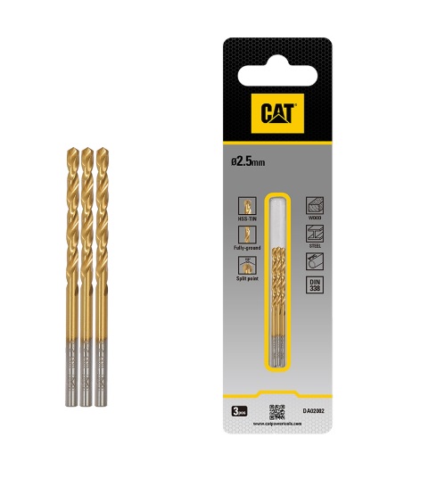 BROCA PARA METAL TITANIO HSS DIN 338 2,5 MM X 57 MM (3 UNI) REF. DA02002 / 889128 MARCA CAT