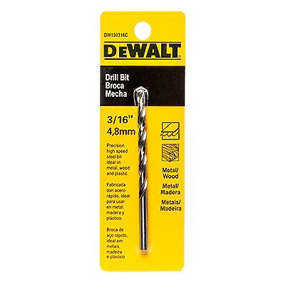 BROCA / MECHA DE ACERO HSS 3/16" PARA METAL Y MADERA REF. DW130316C / MEC-713 MARCA DEWALT