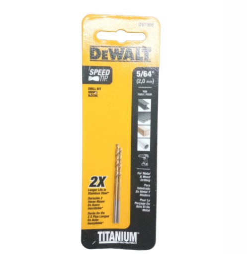 BROCA DE TITANIO 5/64" SPEED PARA METAL - MADERA - PVC ( 2 POR EMPAQUE) REF. DW1305 MARCA DEWALT