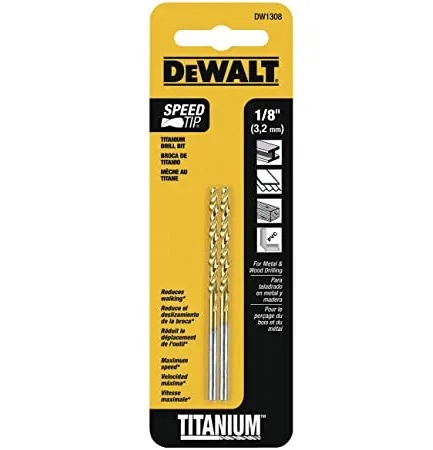 BROCA DE TITANIO 1/8" SPEED PARA METAL - MADERA - PVC ( 2 POR EMPAQUE) REF. DW1308 MARCA DEWALT