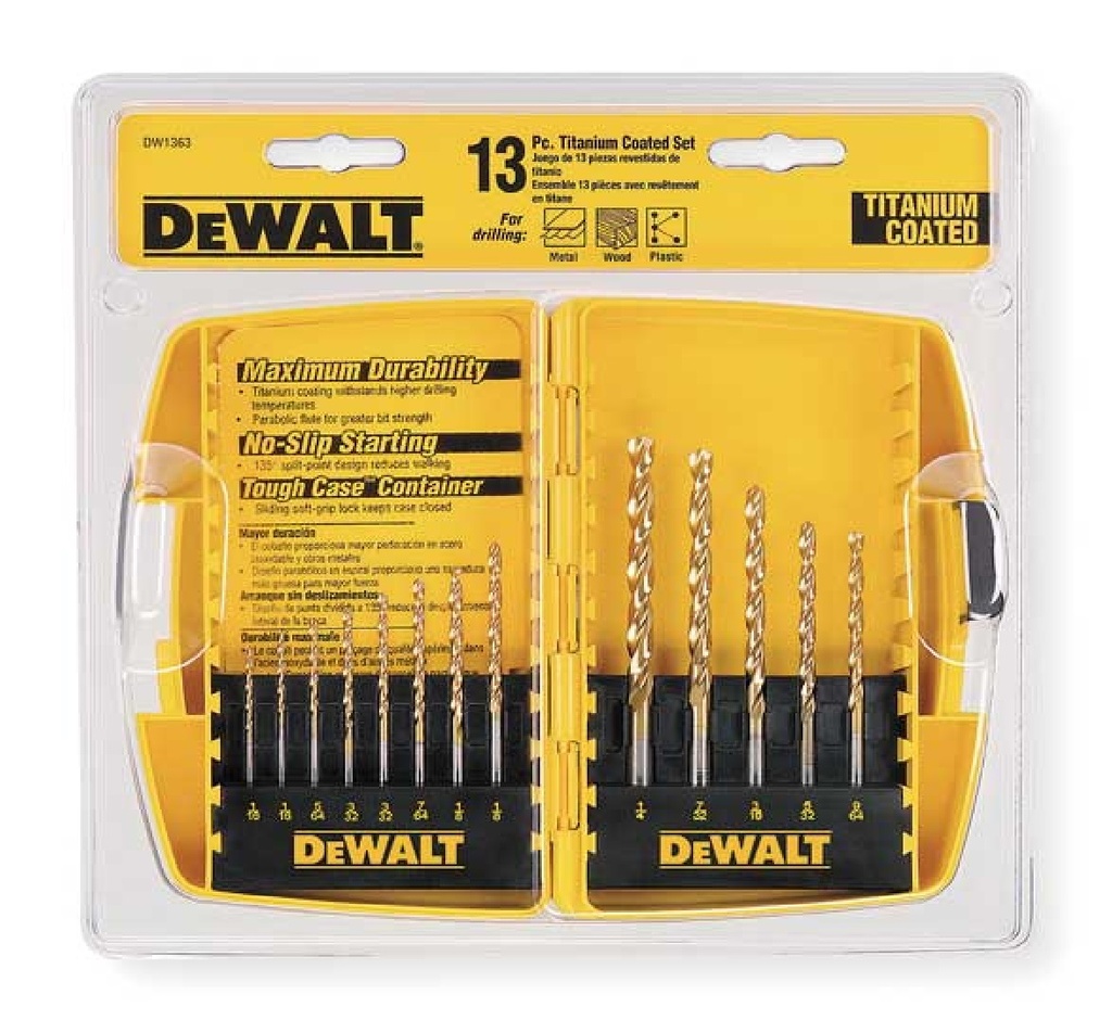 JUEGO DE BROCAS TITANIO 13 PZAS 1/16" A 1/4" REF. DW1363 MARCA DEWALT