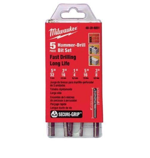 JUEGO DE BROCAS PERCUSION MAMPOSTERIA 5 PZAS REF. MET-48-20-8851 MARCA MILWAUKEE