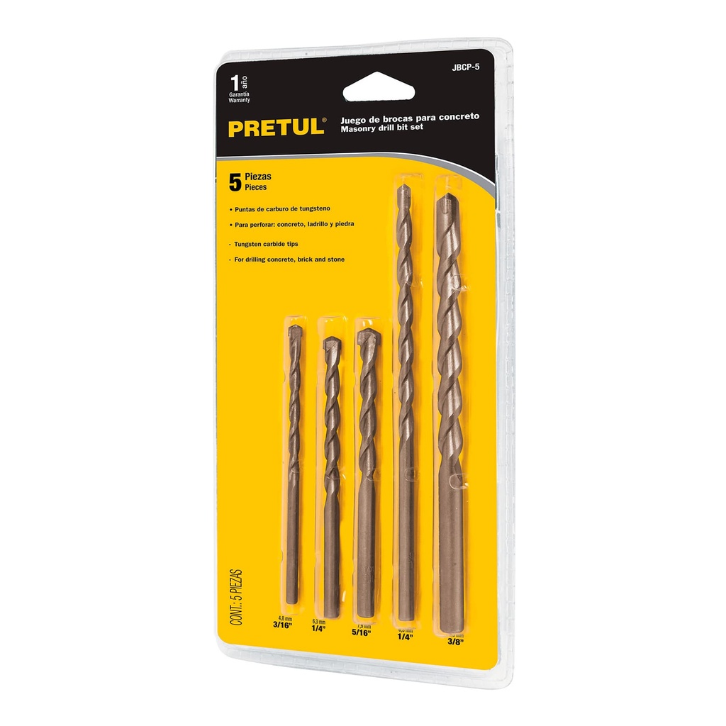 JUEGO DE BROCAS 5 PZAS PARA CONCRETO MOD.JBCP-5 REF.20701 MARCA PRETUL