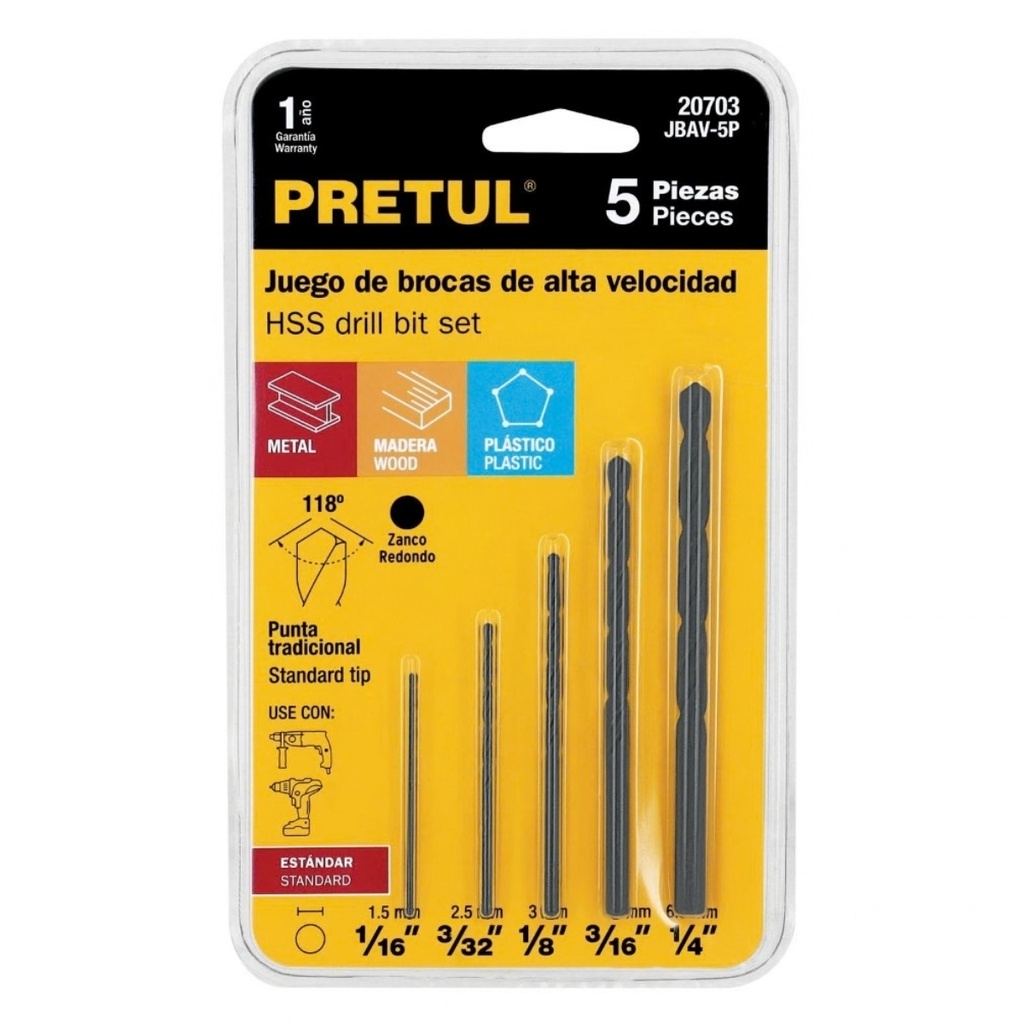 JUEGO DE BROCAS 5 PZAS PARA ACERO, MADERA Y PLASTICO MOD. JBAV-5 REF.20703 MARCA PRETUL