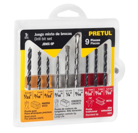 JUEGO DE BROCAS 9 PZAS PARA CONCRETO MOD.JBMX-9P REF.20704 MARCA PRETUL
