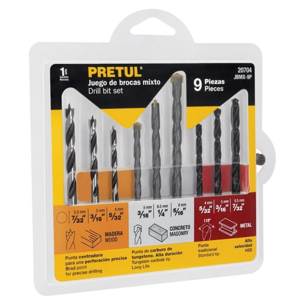 JUEGO DE BROCAS 9 PZAS PARA CONCRETO MOD.JBMX-9P REF.20704 MARCA PRETUL