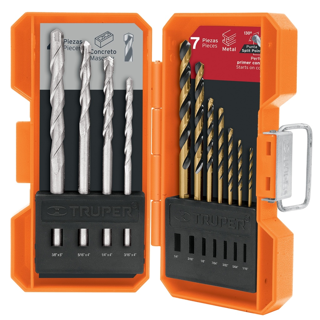 JUEGO DE BROCAS 11 PZAS PARA METAL Y CONCRETO A/VELC. MOD. JBAC-11 REF. 11335 MARCA TRUPER