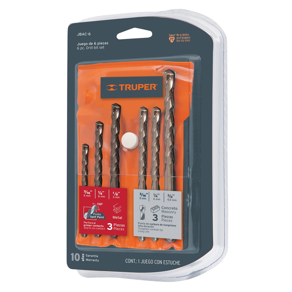 JUEGO DE BROCAS P/METAL/CONCRETO 6 PZAS. MOD. JBAC-6 REF. 11336 MARCA TRUPER