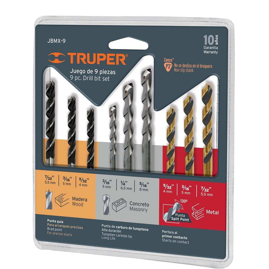 JUEGO DE BROCAS 9 PZAS. P/METAL - CONCRETO - MADERA MOD.JBMX-9 REF.11339 MARCA TRUPER