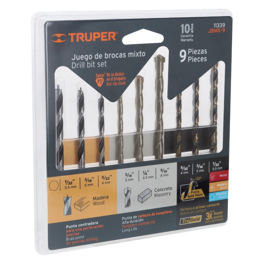 JUEGO DE BROCAS 9 PZAS. P/METAL - CONCRETO - MADERA MOD.JBMX-9 REF.11339 MARCA TRUPER