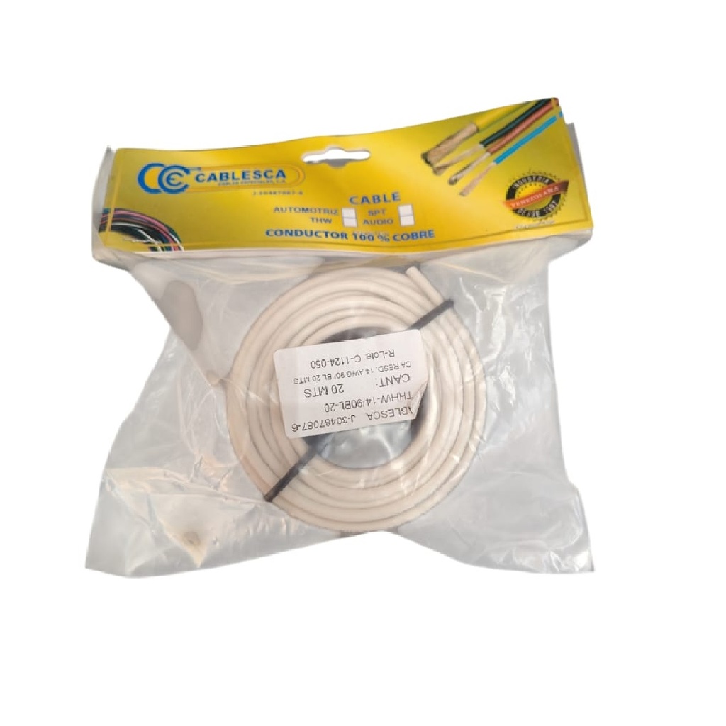 CABLE THHW NRO. 14 AWG 90°C 600V / COLOR BLANCO ROLLITO 20 MTS MARCA CABLESCA