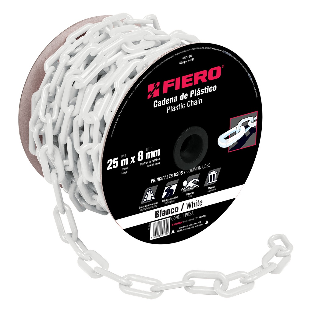 CADENA PLASTICA BLANCA DE 8 MM MOD. CAPL-8B POR METRO REF. 44181 MARCA FIERO