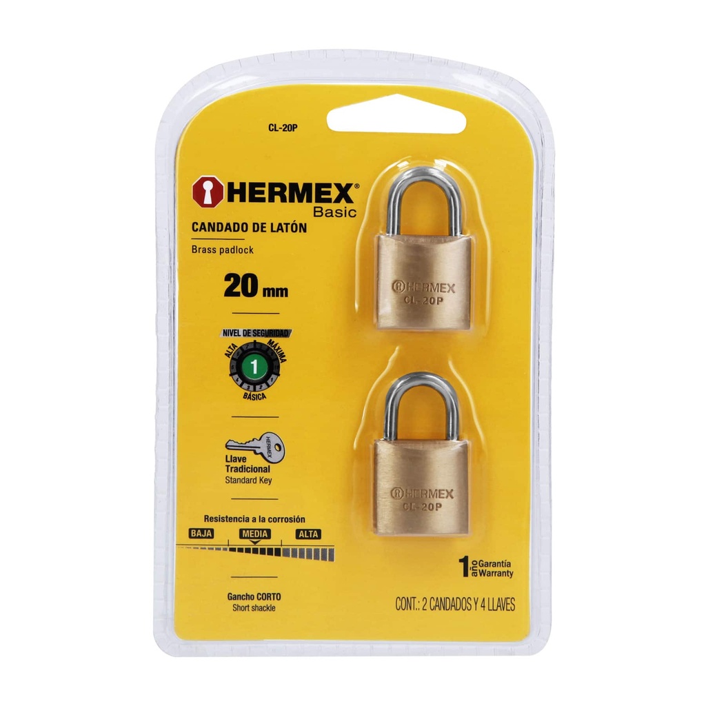 CANDADO PLANO RECTO 20 MM ( 2 PZAS ) MOD. CLP-20 MARCA HERMEX