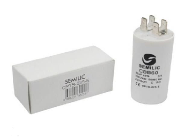 CAPACITOR 25UF 35 MM ALTURA 70 MM CON TERMNALES PARA BOMBA REF. CPTS-025E COD. 302017 MARCA SEMILIC