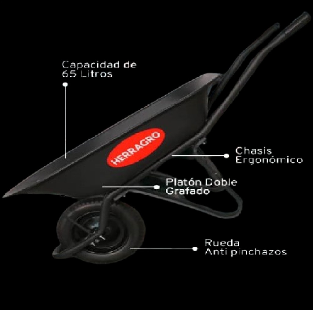 CARRETILLA DE CONSTRUCCION 65 LTS (RUEDA ANTIPIN) PLATON NEGRO REF. 65RANP MARCA HERRAGRO