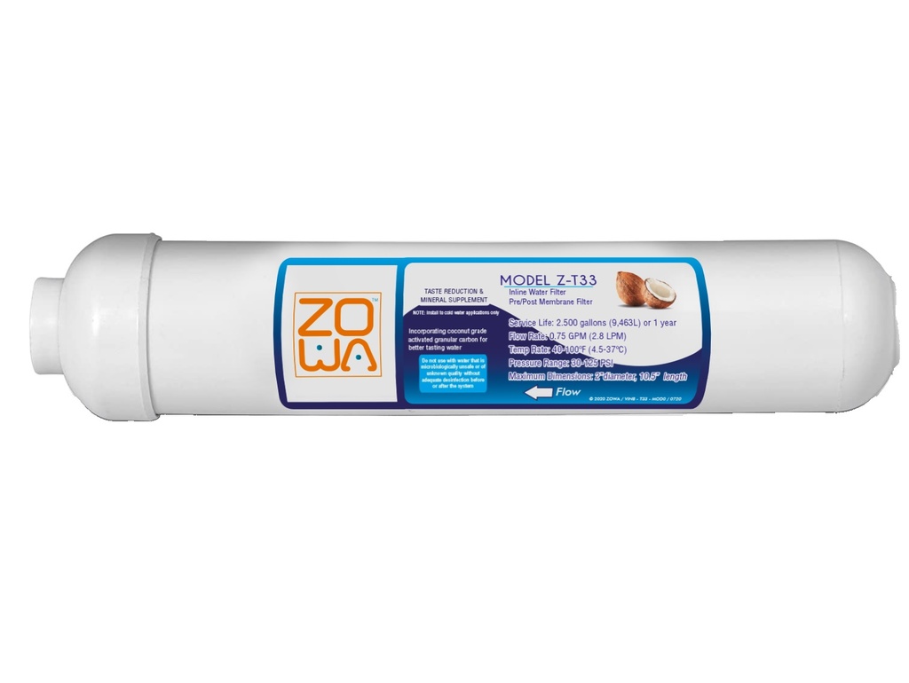 CARTUCHO CARBON ACTIVADO EN LINEA 10" ELIMINA BACTERIAS-HONGOS-SABORES-OLORES- REF. Z-T33 MARCA ZOWA ( PROMO )