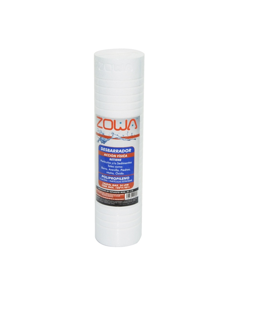 CARTUCHO CELULOSA 5 MICRAS 10"2.5" SERIE 110 DESBARRADOR RETIENE PART. REF. ZC-5MIC-10 MARCA ZOWA