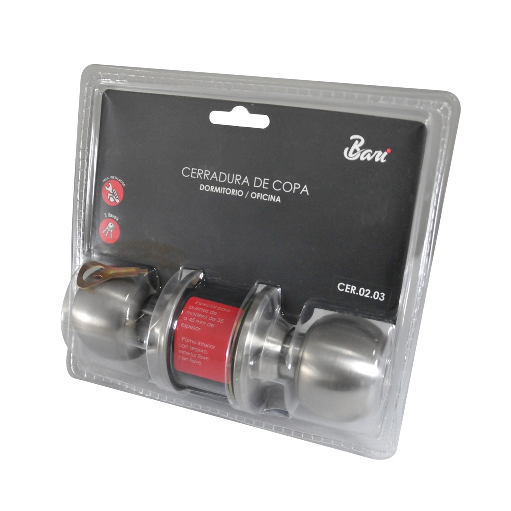 CERRADURA DE POMO / BOLA CON LLAVE ACERO INOX. PARA DORMITORIO / OFICINA REF.CER.02.03 MARCA BARI