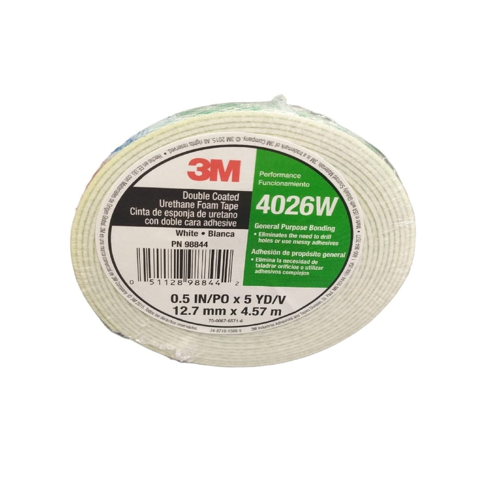 CINTA DOBLE FAZ 1/2" X 4,57 MTS / CINTA DE MONTAJE MULTIPROPOSITO REF. 4026W-1/2 " / 988442 MARCA 3M