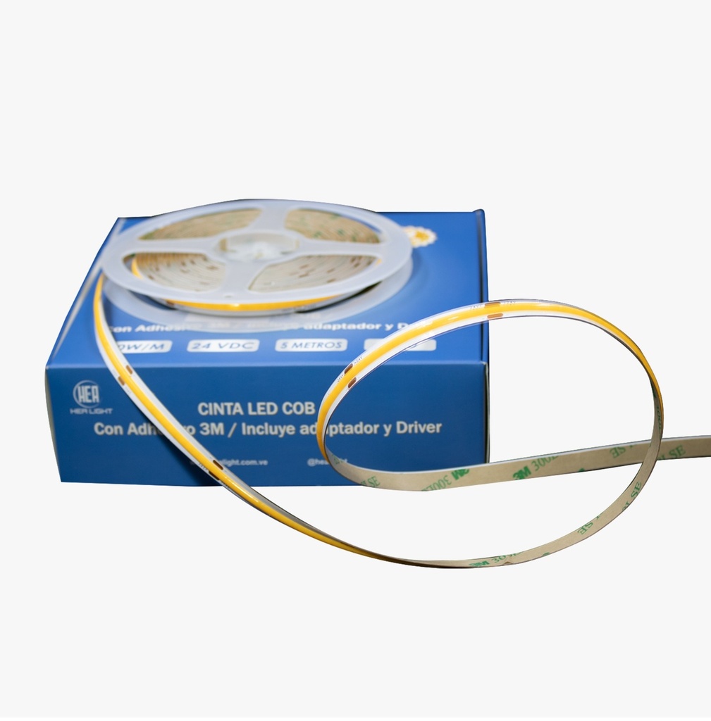 KIT CINTA LED TIPO COB 5 MT 10W/MT 24V 3000K 4500LM C/ ADAP Y DRIVER REF. 003526 MARCA HEA LIGHT