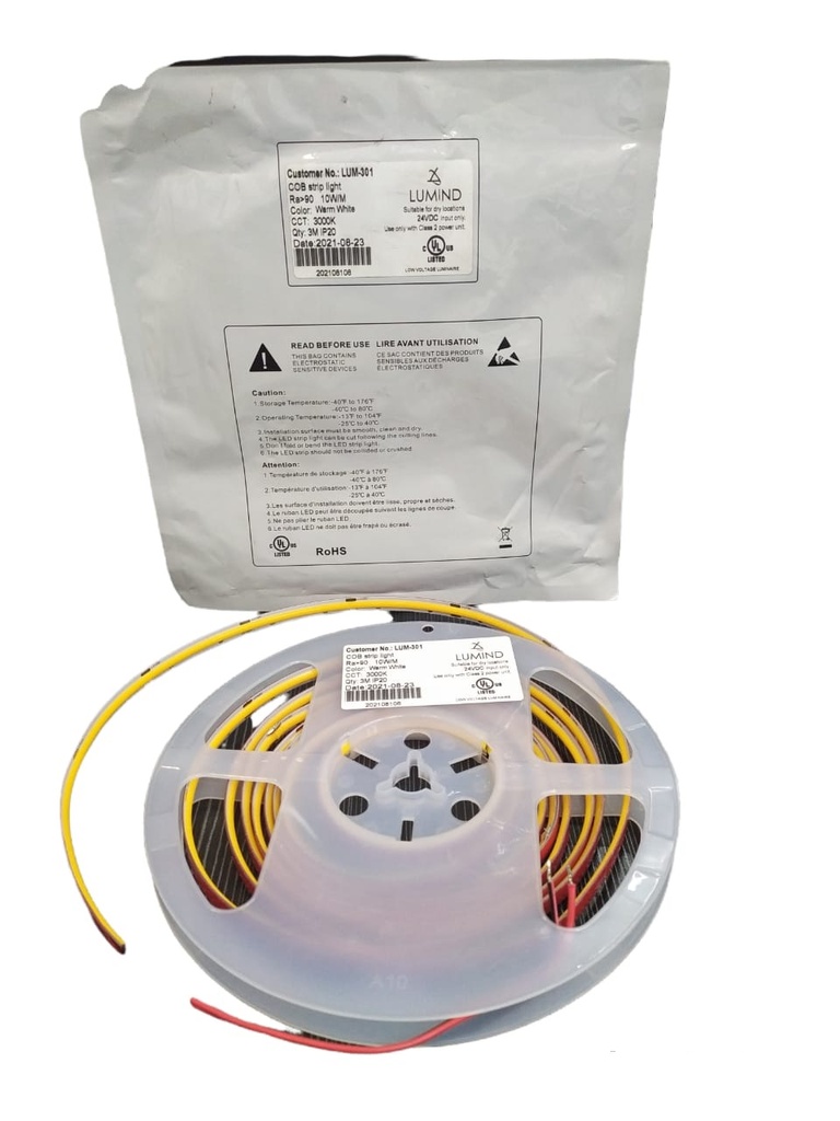 CINTA LED TIPO COB S/PUNTOS 3MTS 24 VDC 3000 K 10W/M ( NO INCLUYE EL DRIVER) REF. LUM-301-COB LUMIND