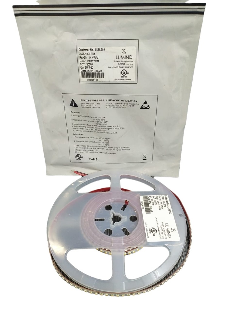CINTA LED 3MTS 24 VDC 3000 K 14.4W/M 180LEDS/M ( NO INCLUYE EL DRIVER) REF. LUM-302 MARCA LUMIND