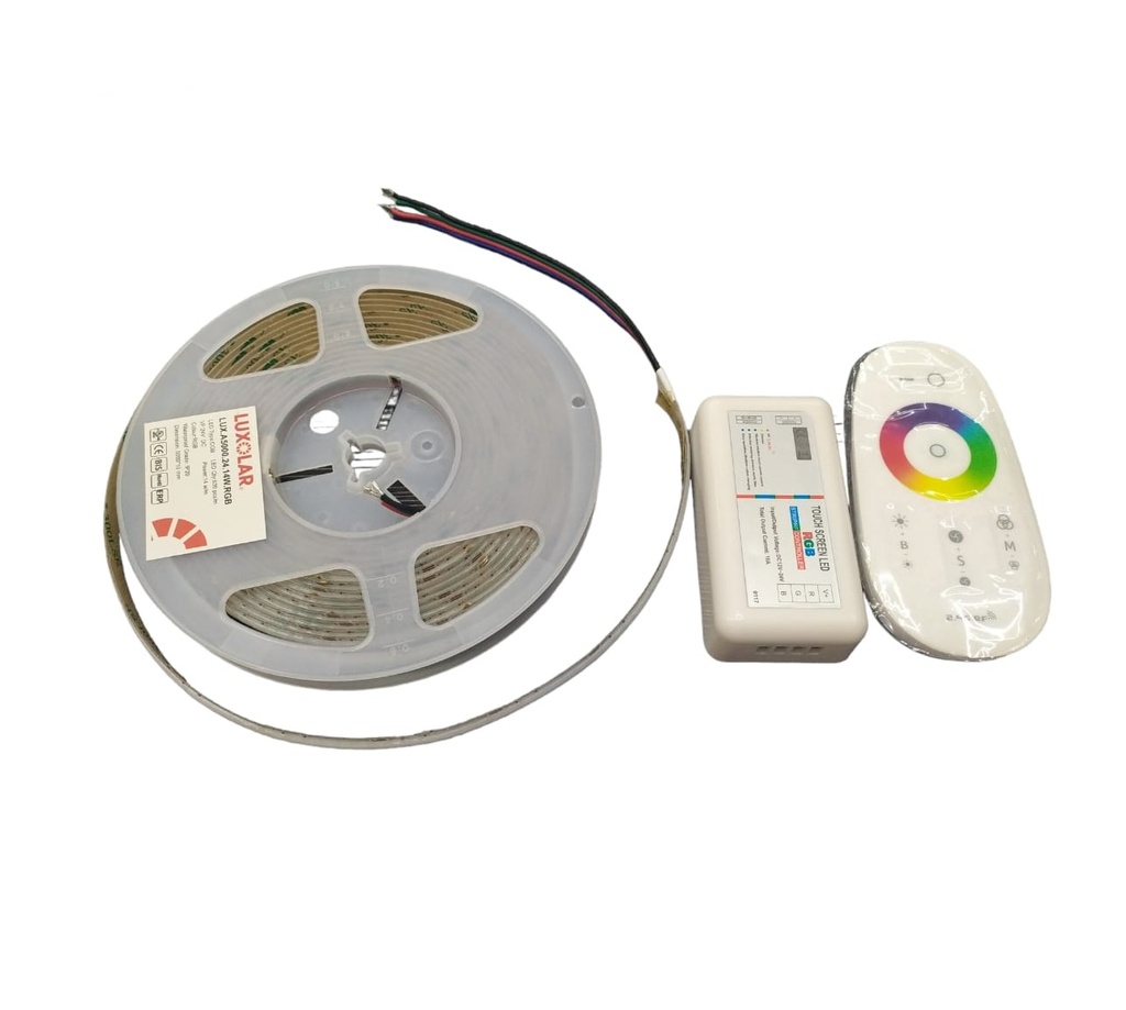 CINTA LED TIPO COB S/PUNTOS 5MTS 8W 24V RGB C/ CONTROL REF. V5000.COB.24.R90.8W.BP + G1301 LUXOLAR
