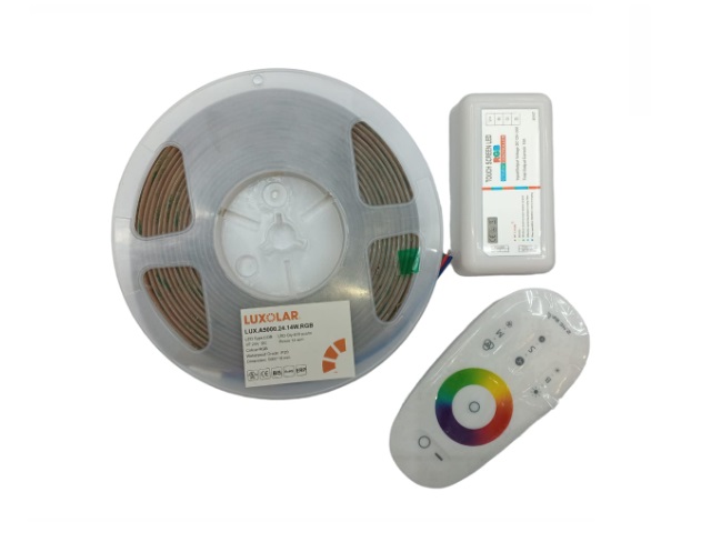 KIT CINTA LED TIPO COB 5 MT 14W/MT 24V RGB C/CONTROL IRS24K-6A REF A5000.24.14 + G1301 MARCA LUXOLAR