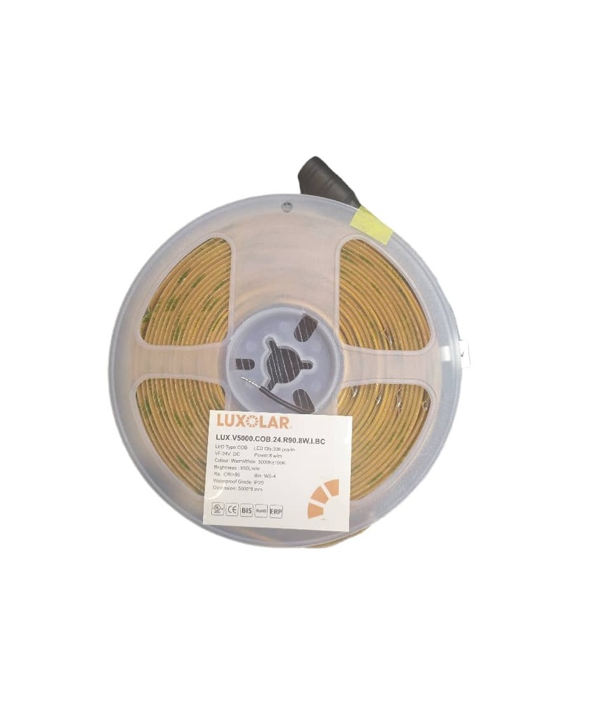 CINTA LED TIPO COB S/PUNTOS 5MTS 8W 24V 4000K SIN TRANSFORMADOR REF. V5000.COB.24.R90.8W.BP LUXOLAR