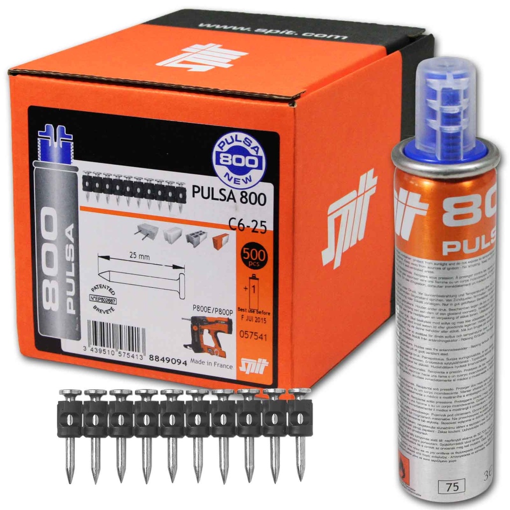 CLAVO C6-25MM PARA HERRAMIENTA A GAS PULSA MOD.800P ( CAJA 500 UND+ GAS) MARCA SPIT