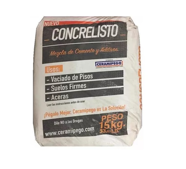 CONCRELISTO MEZCLA DE CEMENTO Y ADITIVOS PARA PISOS Y ACERAS 15 KG REF. CE10 MARCA CERAMIPEGO 