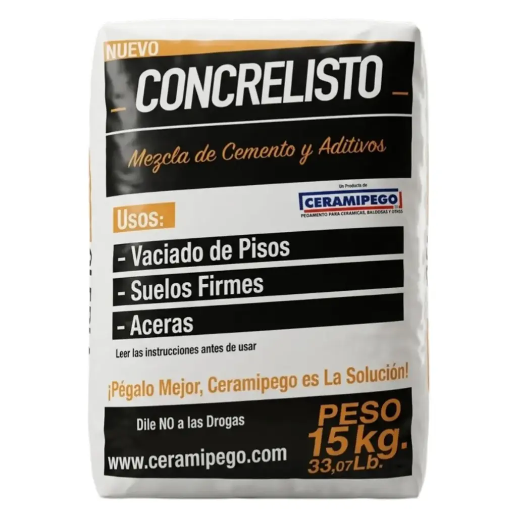 CONCRELISTO MEZCLA DE CEMENTO Y ADITIVOS PARA PISOS Y ACERAS 15 KG REF. CE10 MARCA CERAMIPEGO 
