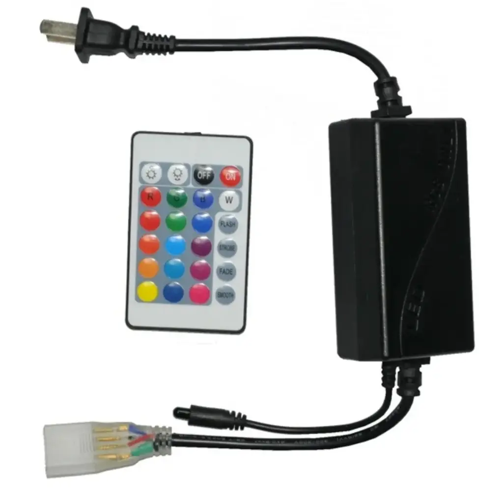 CONECTOR MACHO / TOMA Y VARIADOR PARA CINTA LED RGB 110 V CON CONTROL MARCA LUCERNA