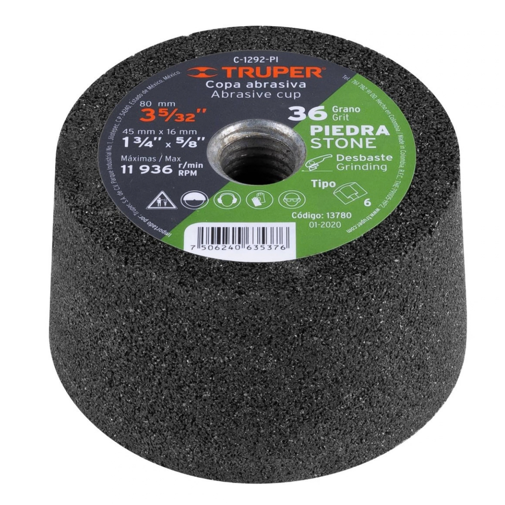 COPA DESBASTE DE PIEDRA 3-5/32" GRANO 36 / EJE 5/8-11 COD. C-1292-PI REF. 13780 MARCA TRUPER