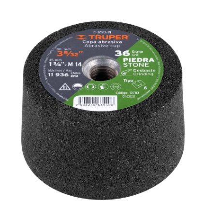 COPA DESBASTE DE PIEDRA 3-5/32" GRANO 36 / EJE 14MM COD. C-1293-PI REF. 13783 MARCA TRUPER