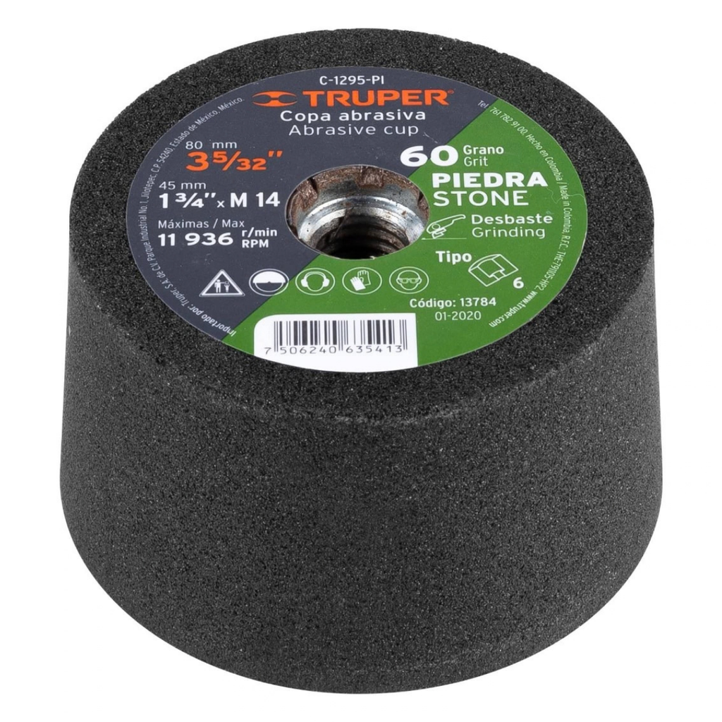 COPA DESBASTE DE PIEDRA 3-5/32" GRANO 60 / EJE 14MM COD. C-1295-PI REF. 13784 MARCA TRUPER