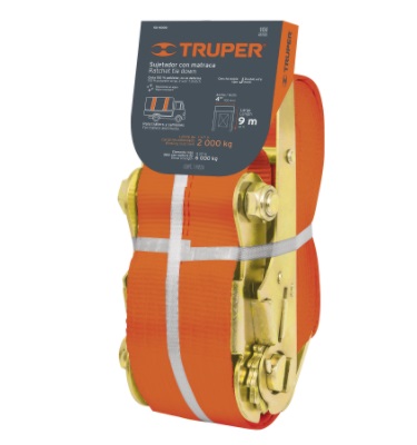 CORREA AMARRE ANCHA 4"X9 MTS (CINCHO) C/RATCHET P/2000 KG MAX 6000 KG SU-6000 REF.10314 MARCA TRUPER