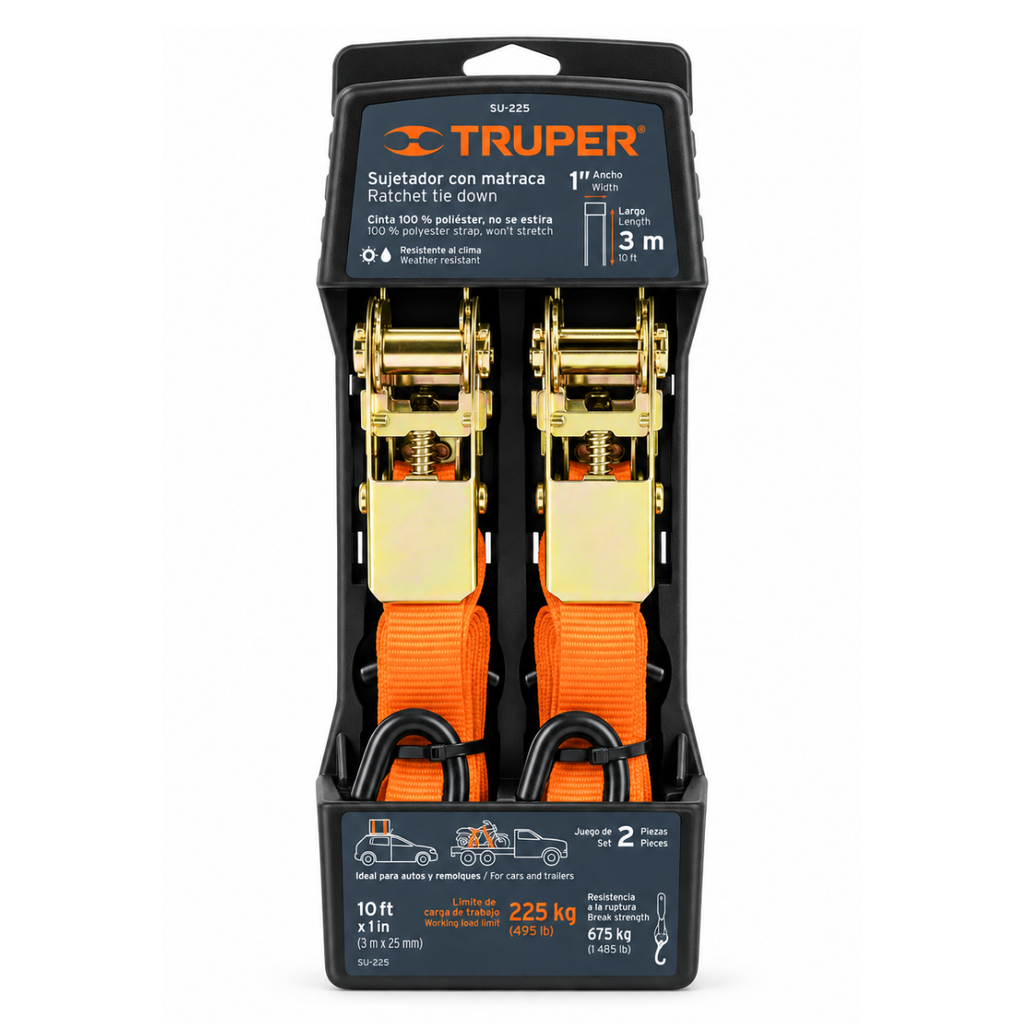 CORREA AMARRE CON RATCHET ( CINCHO ) DE 3 MTS HASTA 225 KG MOD SU-675R REF. 19281 MARCA TRUPER