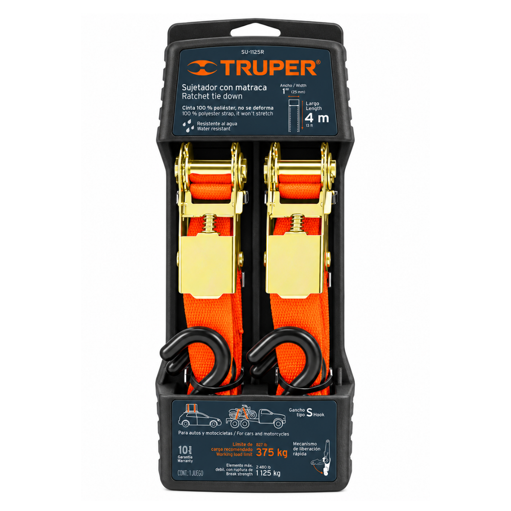 CORREA AMARRE CON RATCHET ( CINCHO ) DE 4 MTS HASTA 1125 KG MOD SU-1125R REF. 19282 MARCA TRUPER