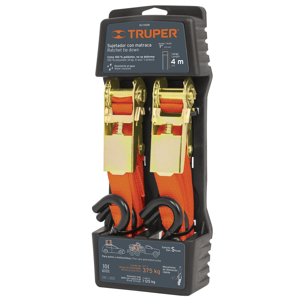 CORREA AMARRE CON RATCHET ( CINCHO ) DE 4 MTS HASTA 1125 KG MOD SU-1125R REF. 19282 MARCA TRUPER