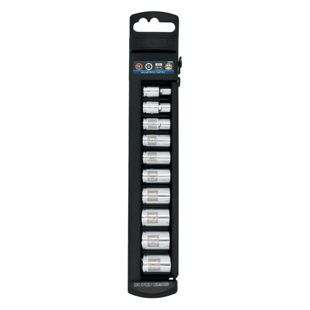 JUEGO DE AUTOCLET / DADOS DE 1/4" X 10 PZAS MILIMETRICO MOD. 14166 MARCA TRUPER