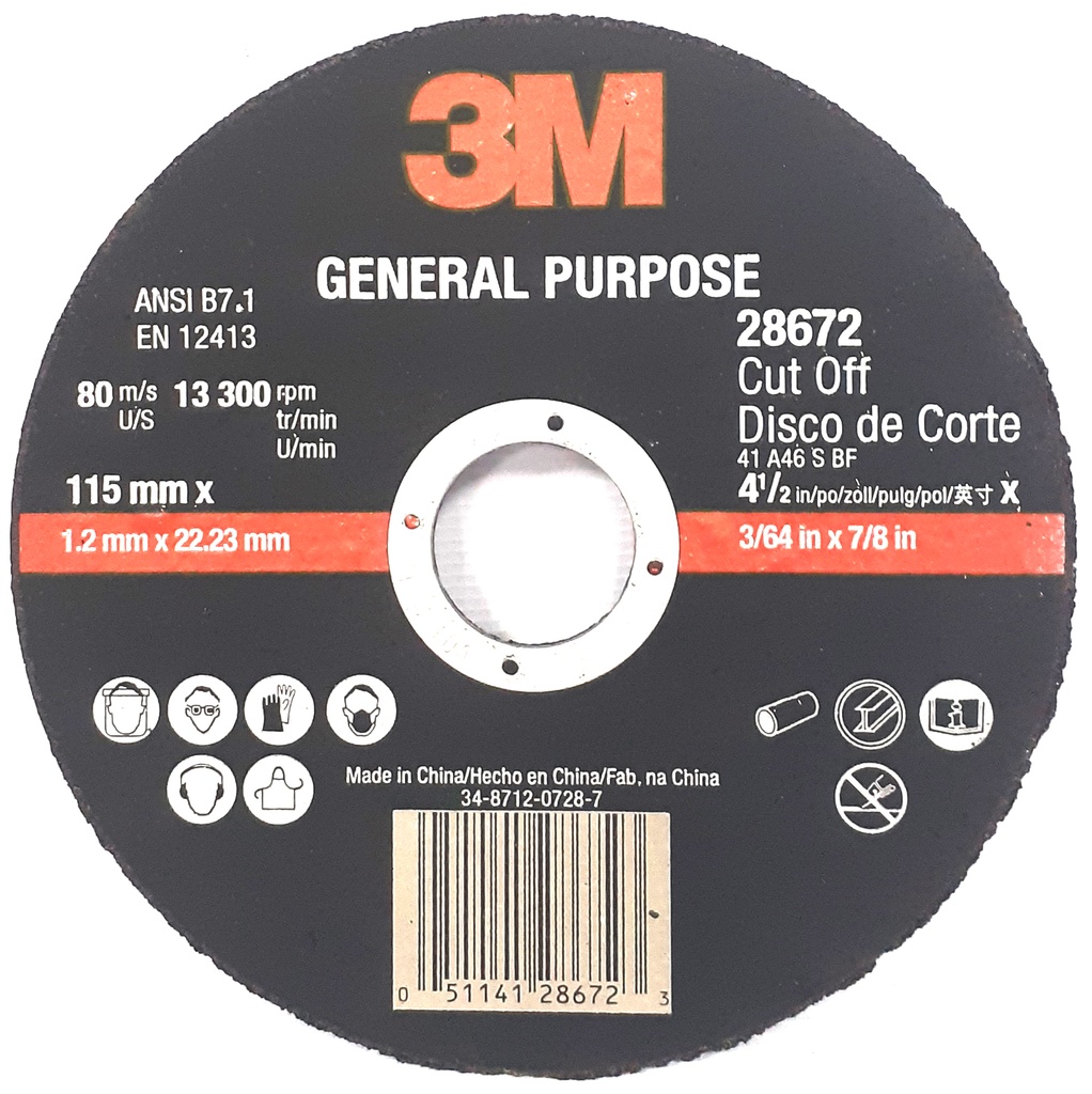 DISCO DE CORTE FINO MULTIPROPOSITO 4 1/2" X 1/16" REF. 28673 MARCA 3M