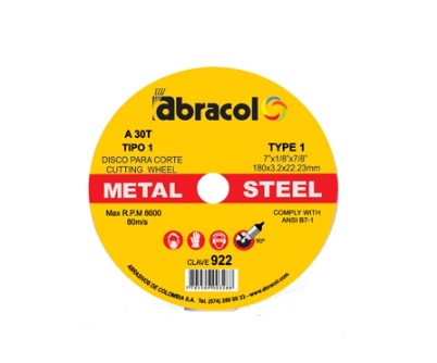 DISCO DE CORTE DE 7" X 1/8" X 7/8" REF. 922 COD-003288 MARCA ABRACOL