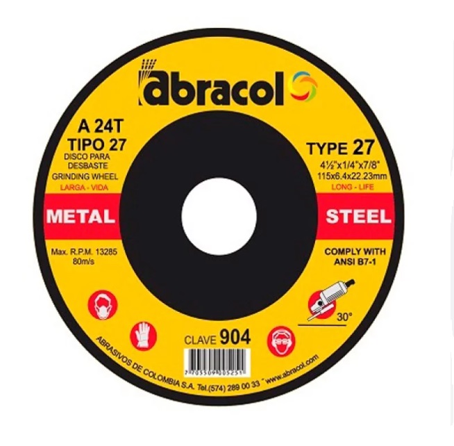 DISCO PARA DESBASTE DE 4 1/2" X 1/4" X 7/8" UNIDAD REF. 904 COD-005251 MARCA ABRACOL