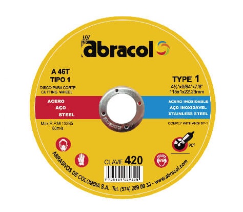 DISCO DE CORTE ACERO/ ACERO INOX 4 1/2" X 3/64" X 7/8" A46T REF. DCORTEDP-4 COD.841613 MARCA ABRACOL