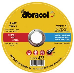 DISCO DE CORTE ACERO/ACERO INOX 7" X 1/16" X 7/8" A46T REF.DCORTEDP-7 COD.173882 MARCA ABRACOL